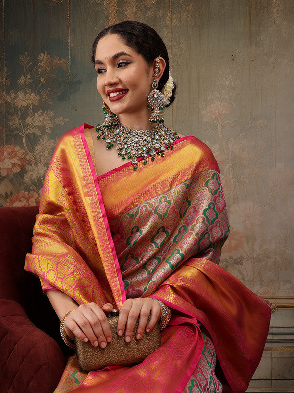 Multicolor Pure Silk Woven Zari Design Floral Saree with Unstitched Blouse - Hiral Fashion