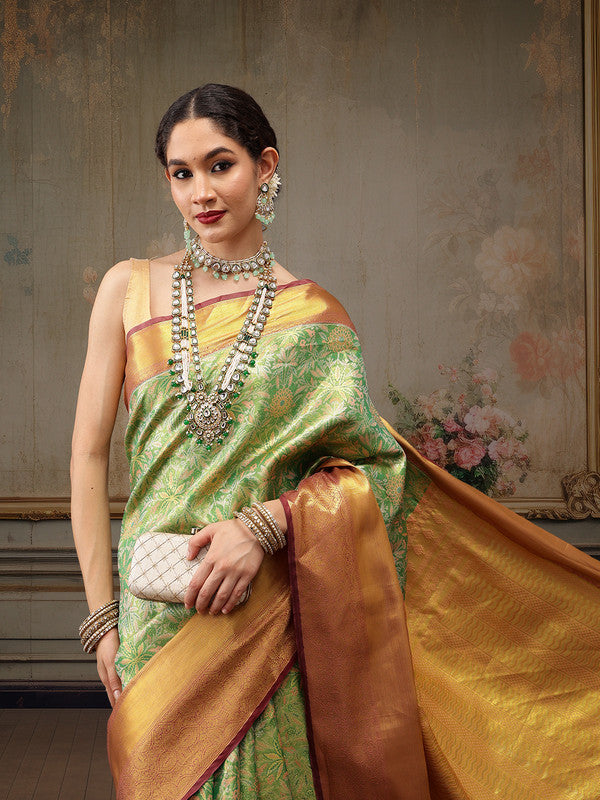 Green Pure Silk Woven Zari Design Floral Saree with Unstitched Blouse - Hiral Fashion
