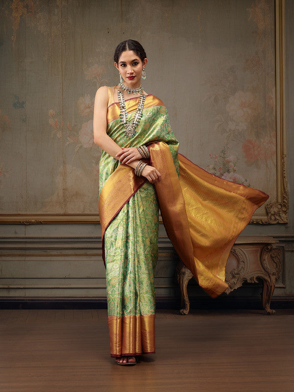 Green Pure Silk Woven Zari Design Floral Saree with Unstitched Blouse - Hiral Fashion
