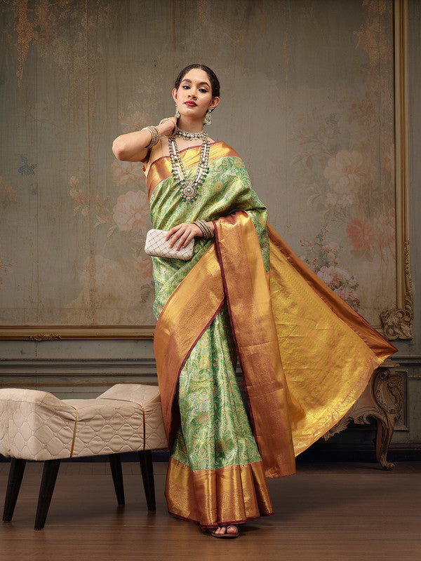 Green Pure Silk Woven Zari Design Floral Saree with Unstitched Blouse - Hiral Fashion