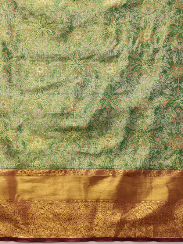 Green Pure Silk Woven Zari Design Floral Saree with Unstitched Blouse - Hiral Fashion