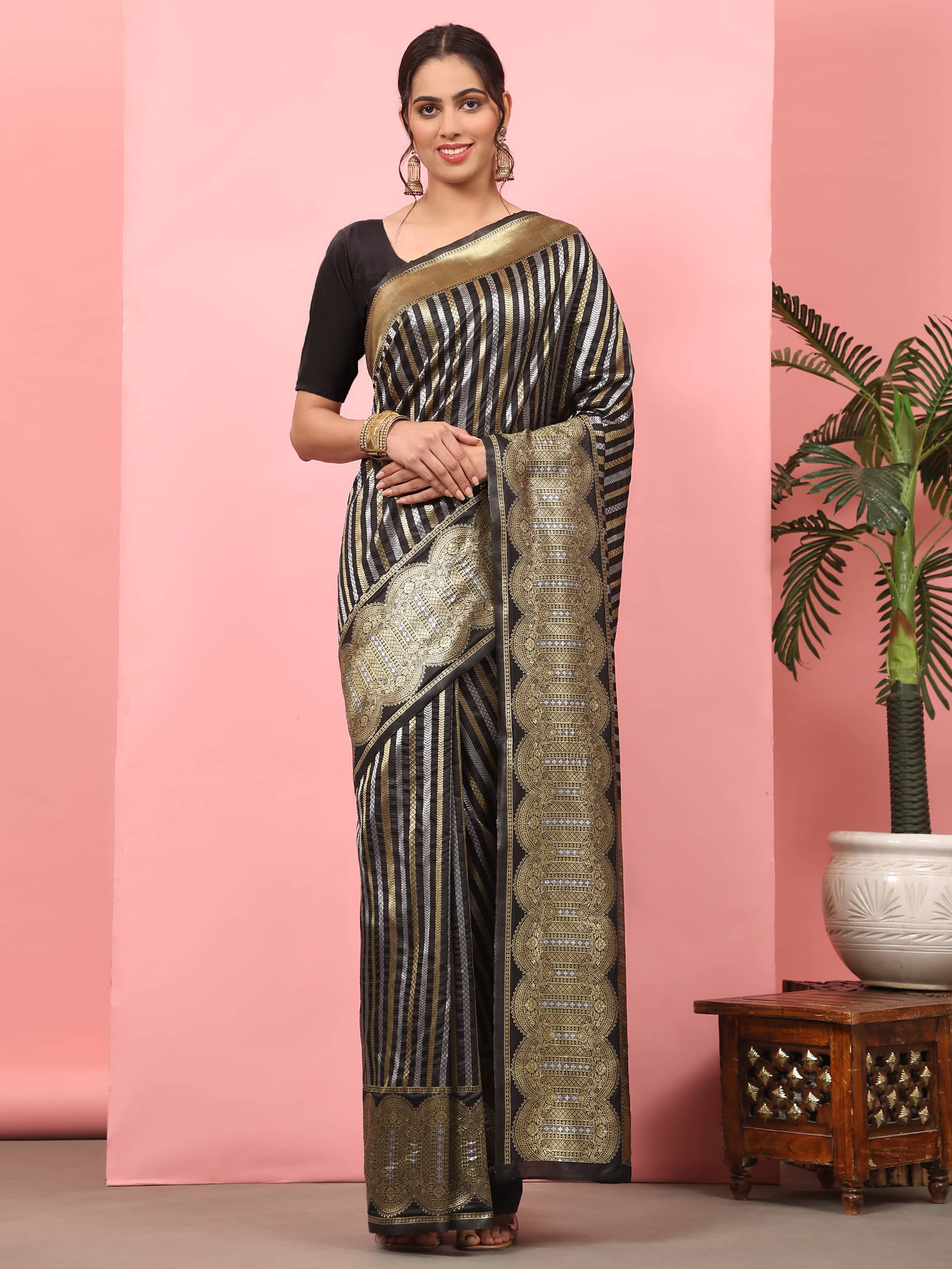 Hiral Fashion Black Banarasi Art Silk Striped Zari Woven Saree