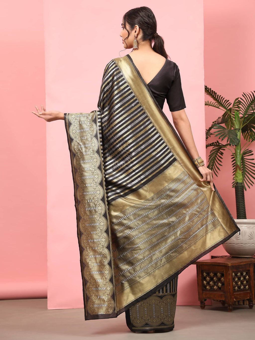 Hiral Fashion Black Banarasi Art Silk Striped Zari Woven Saree