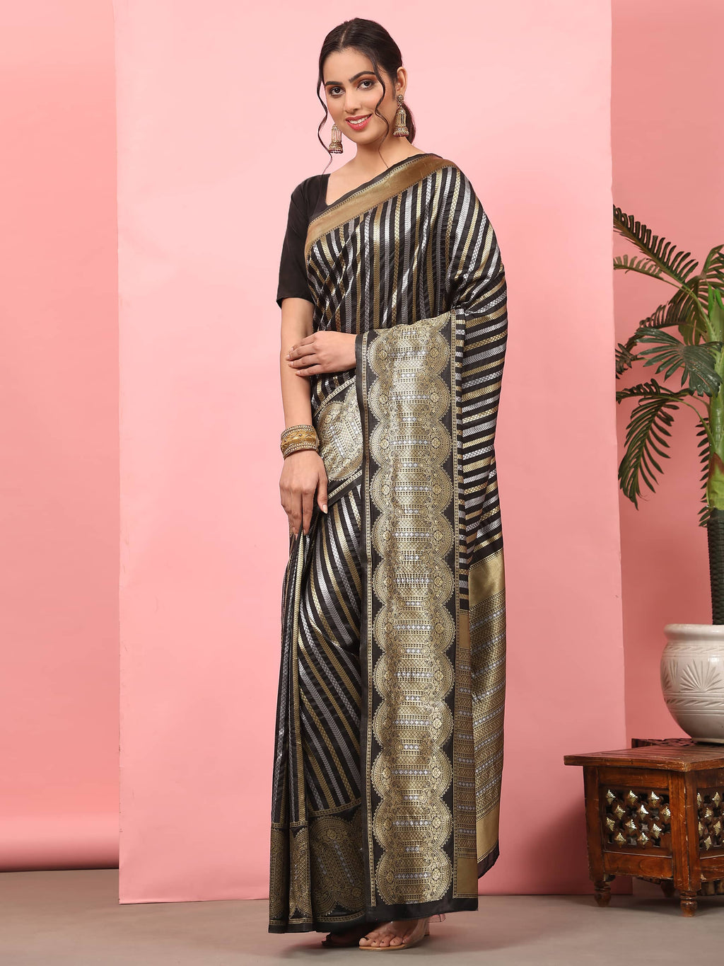 Hiral Fashion Black Banarasi Art Silk Striped Zari Woven Saree