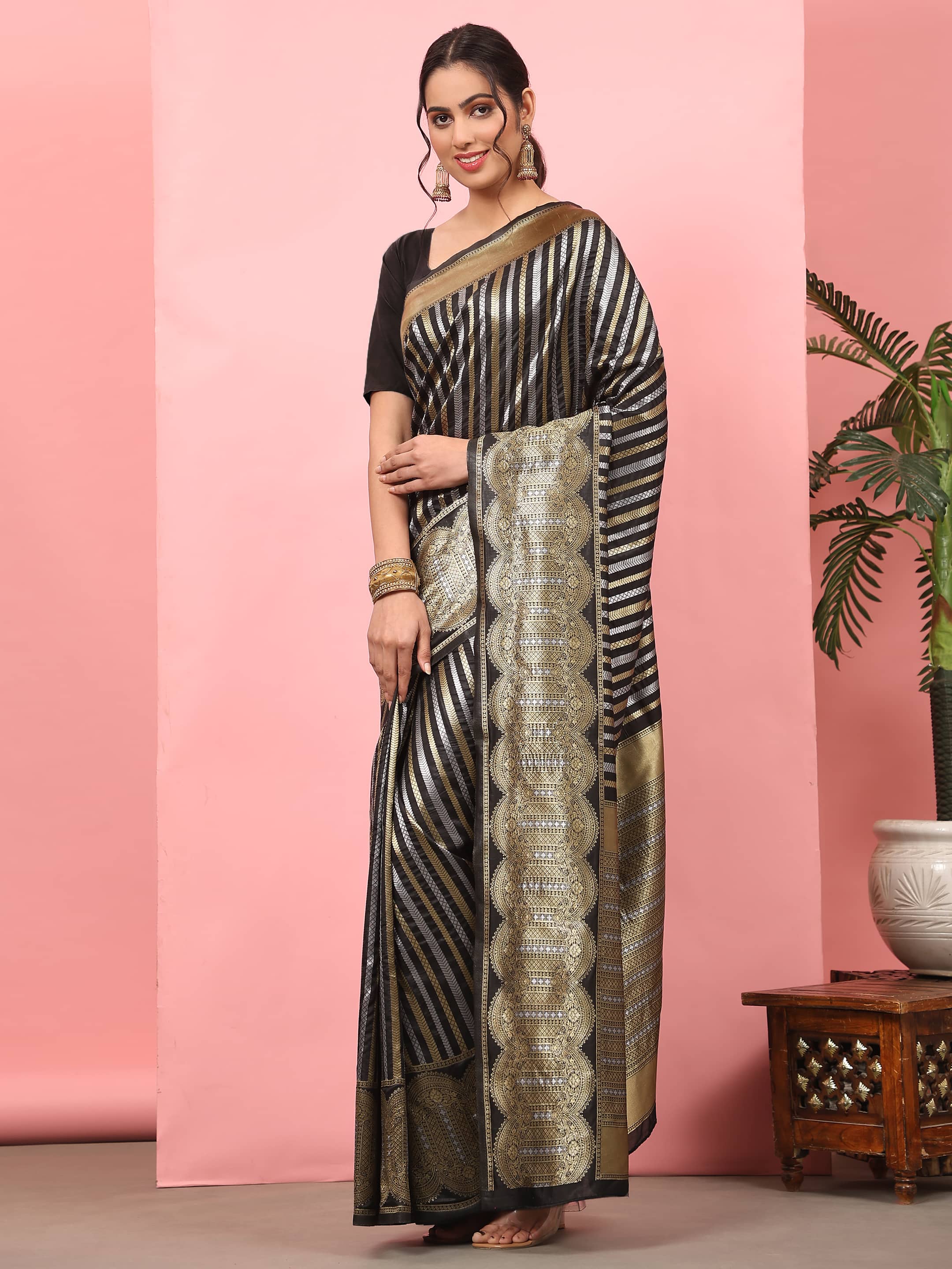 Hiral Fashion Black Banarasi Art Silk Striped Zari Woven Saree