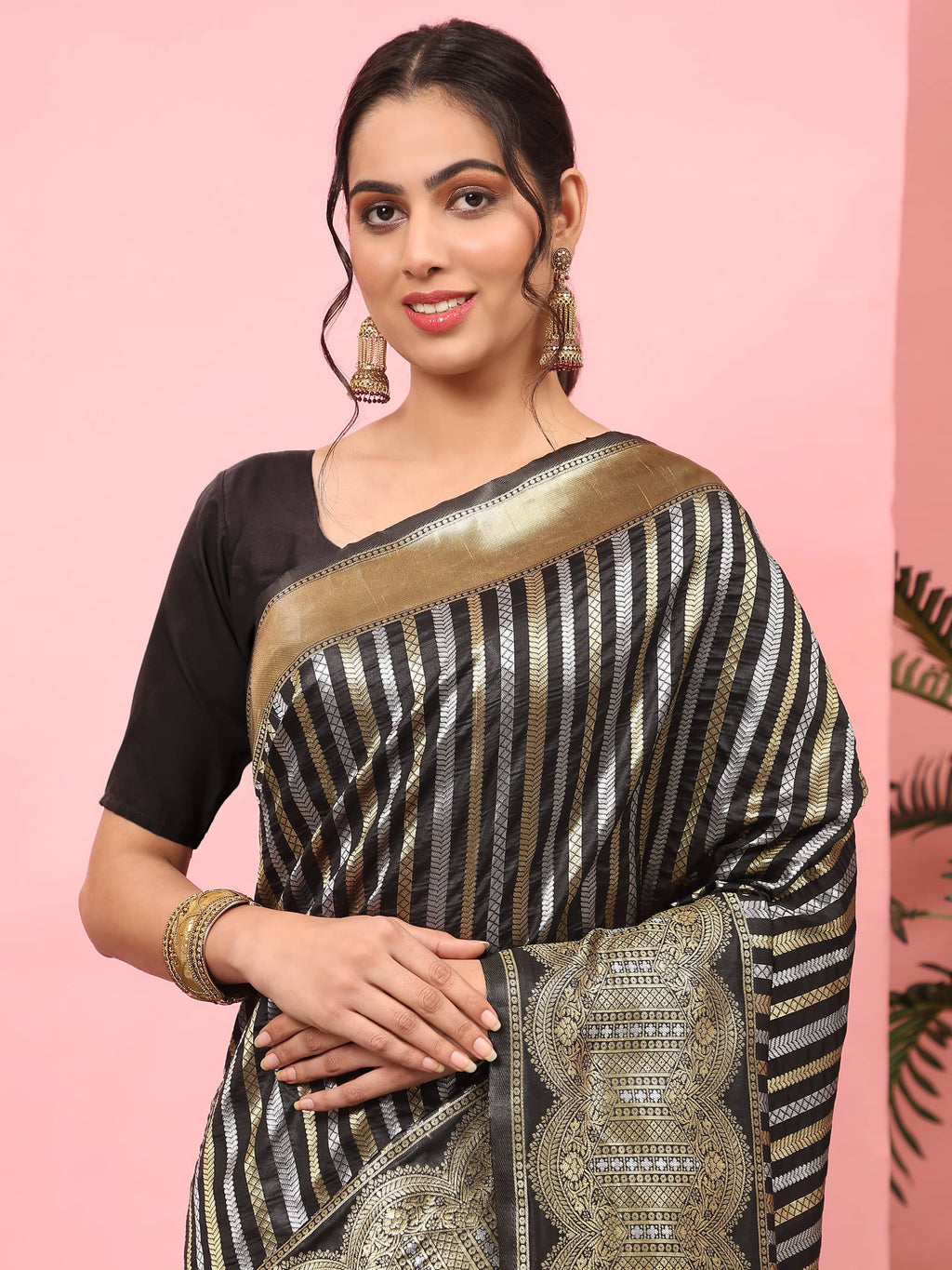 Hiral Fashion Black Banarasi Art Silk Striped Zari Woven Saree