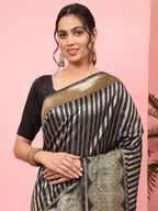 Hiral Fashion Black Banarasi Art Silk Striped Zari Woven Saree