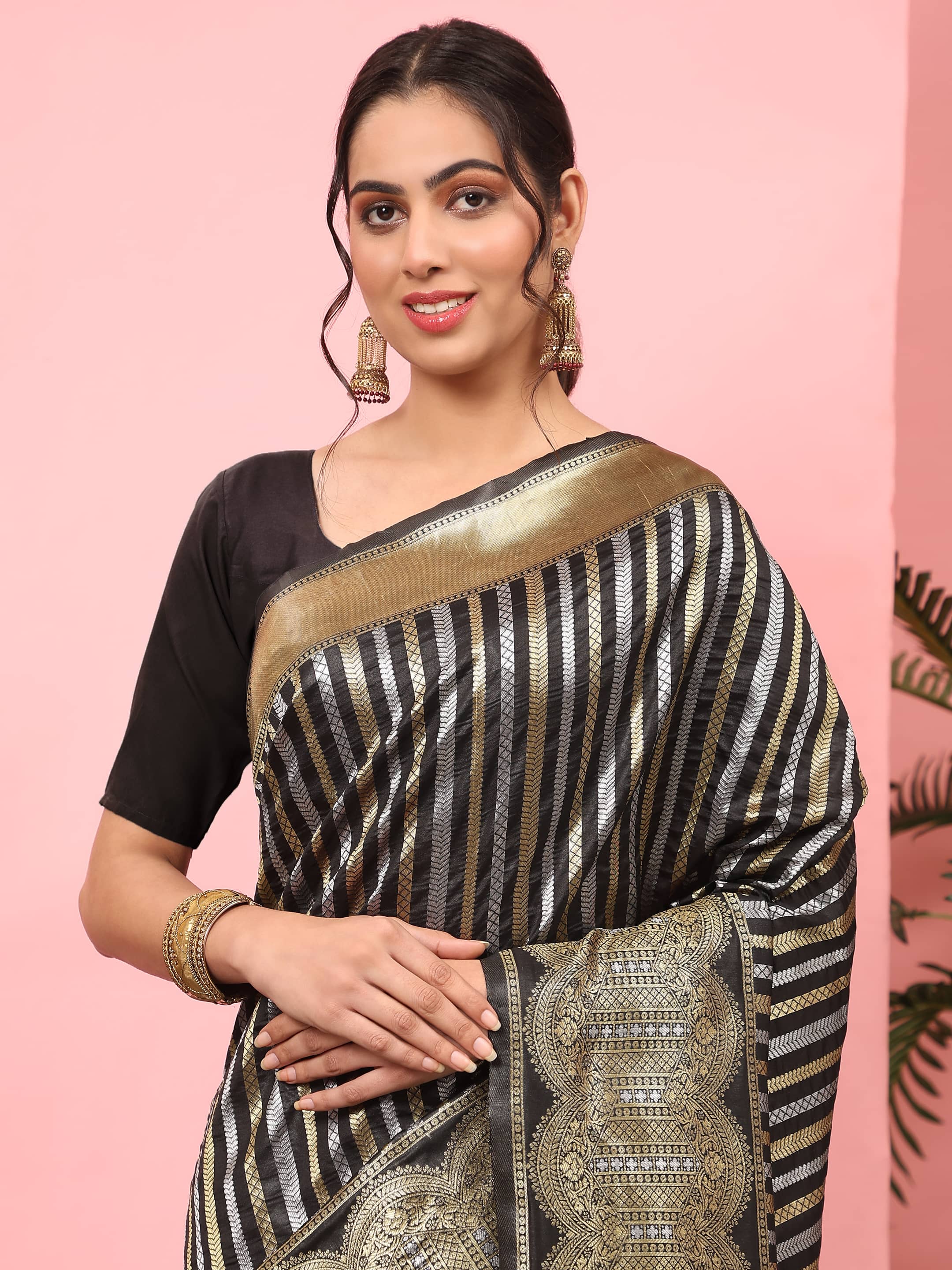 Hiral Fashion Black Banarasi Art Silk Striped Zari Woven Saree