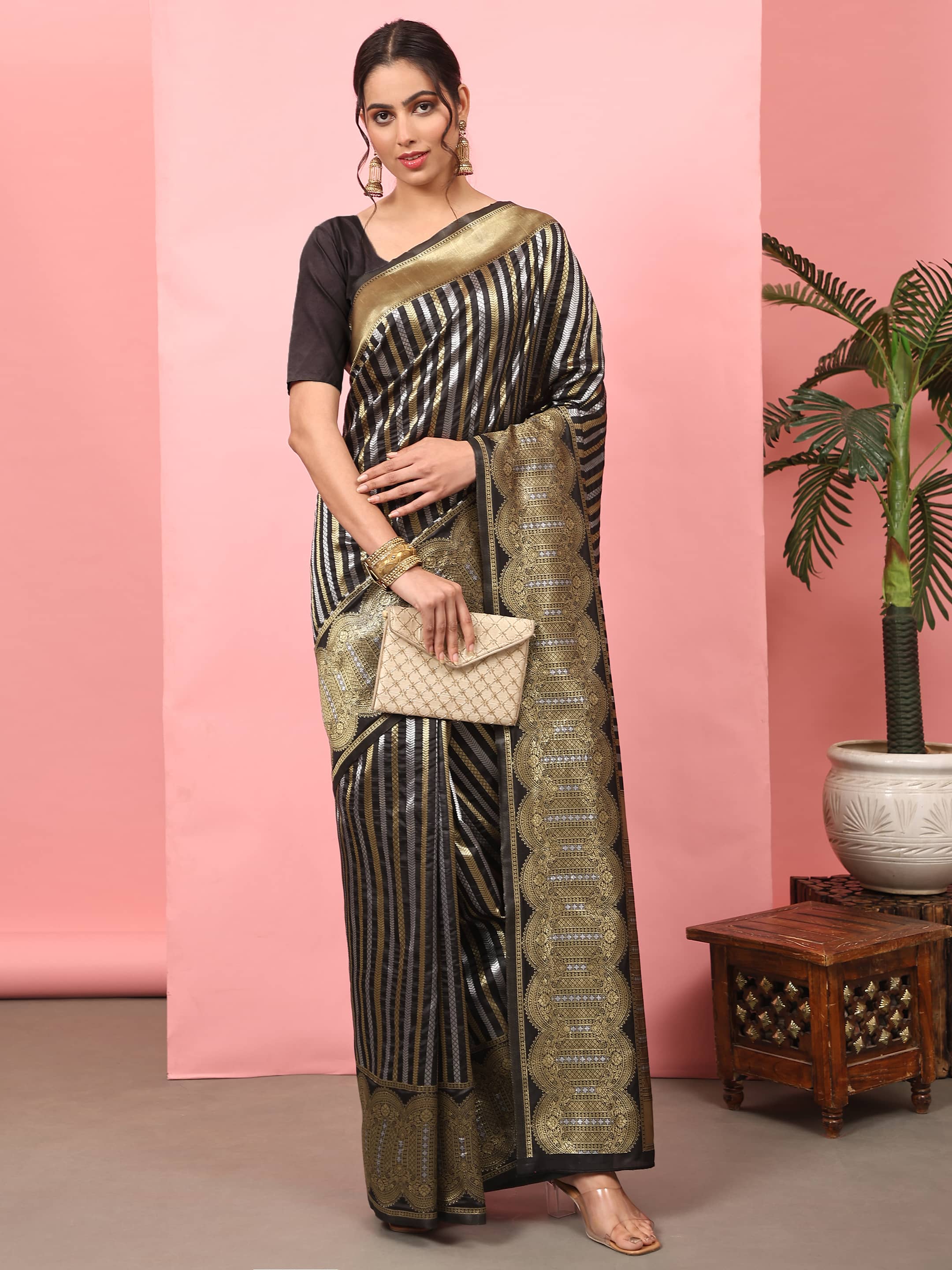Hiral Fashion Black Banarasi Art Silk Striped Zari Woven Saree