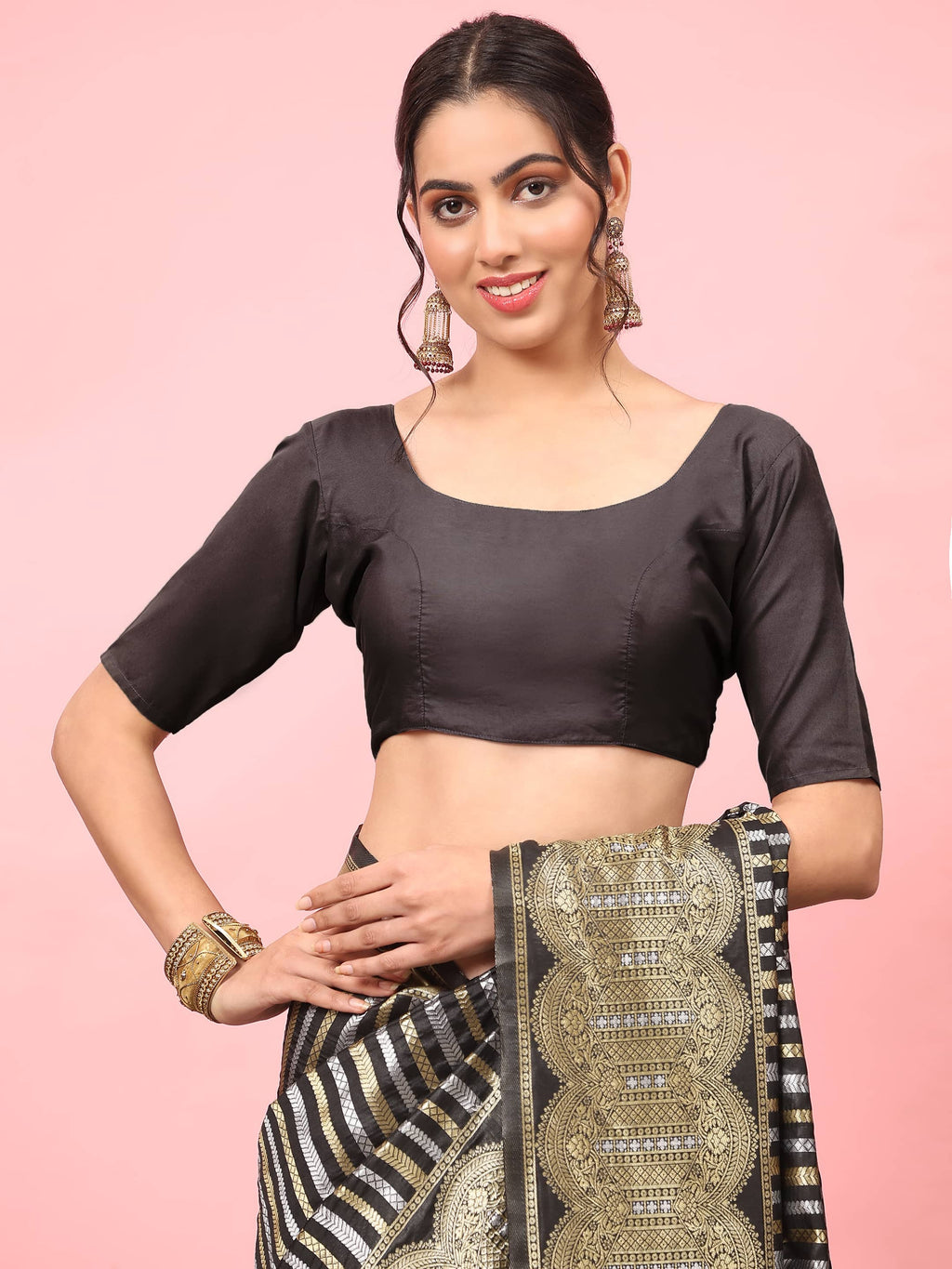 Hiral Fashion Black Banarasi Art Silk Striped Zari Woven Saree