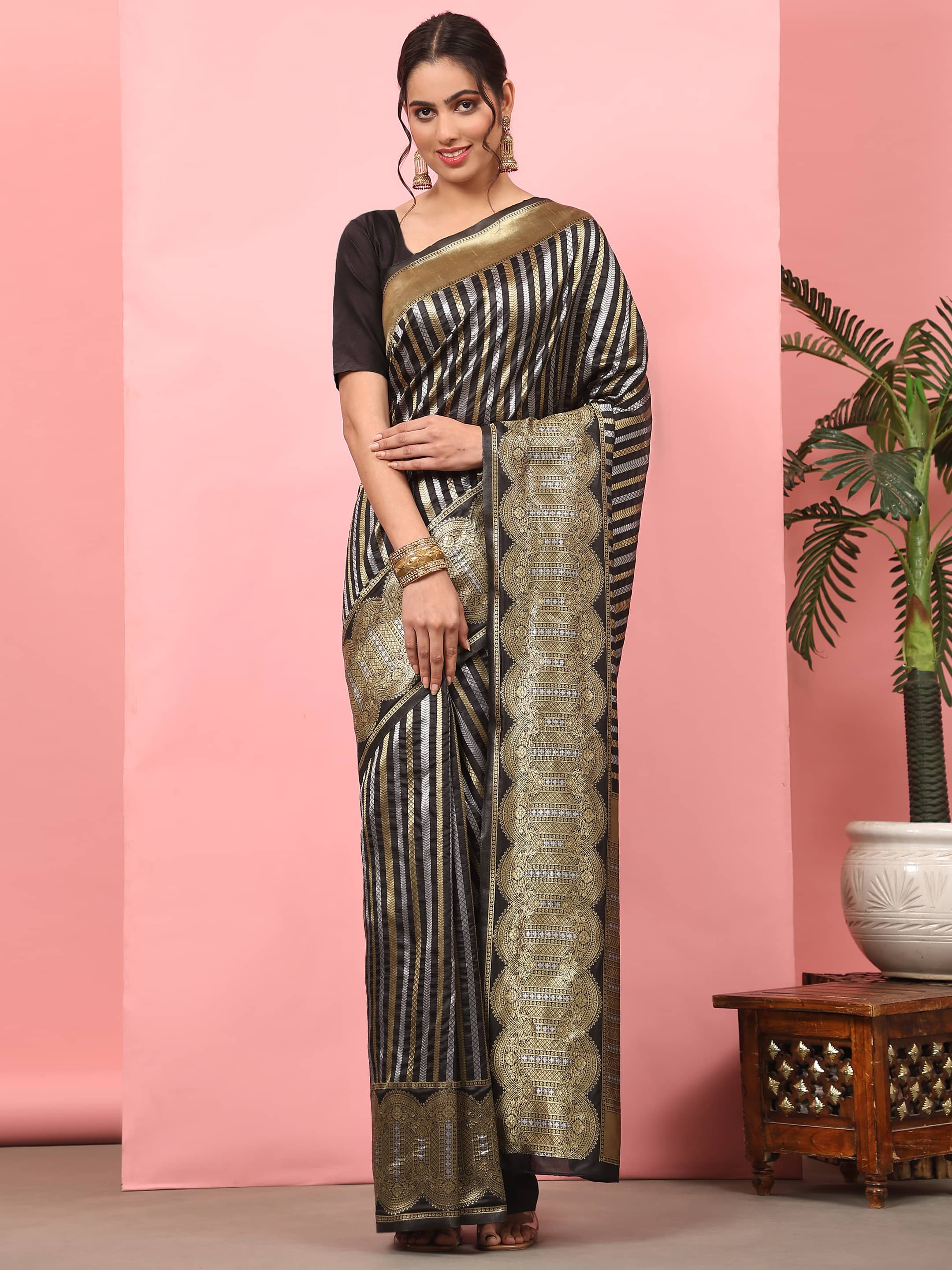Hiral Fashion Black Banarasi Art Silk Striped Zari Woven Saree