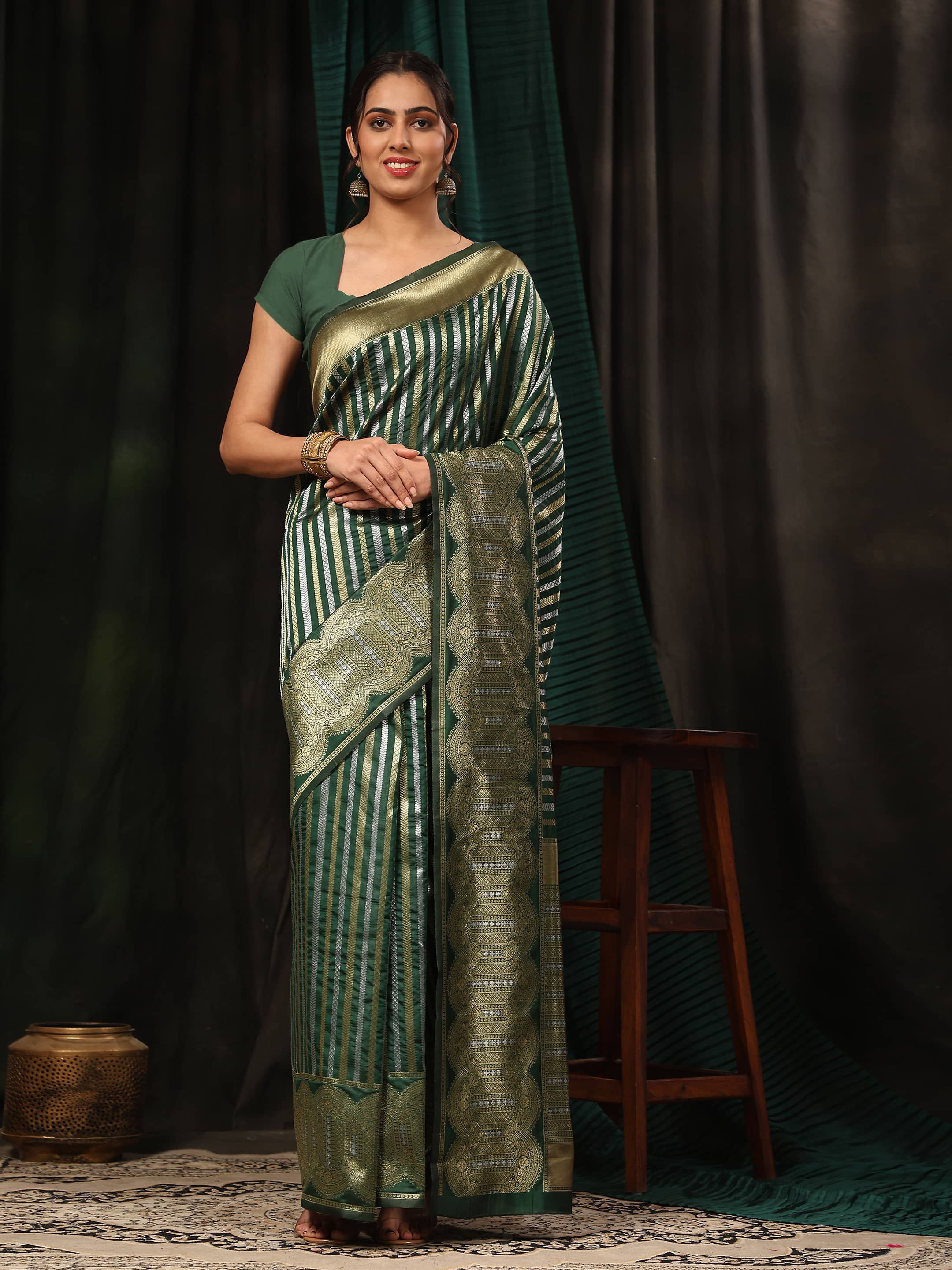 Hiral Fashion Green Banarasi Art Silk Striped Zari Woven Saree