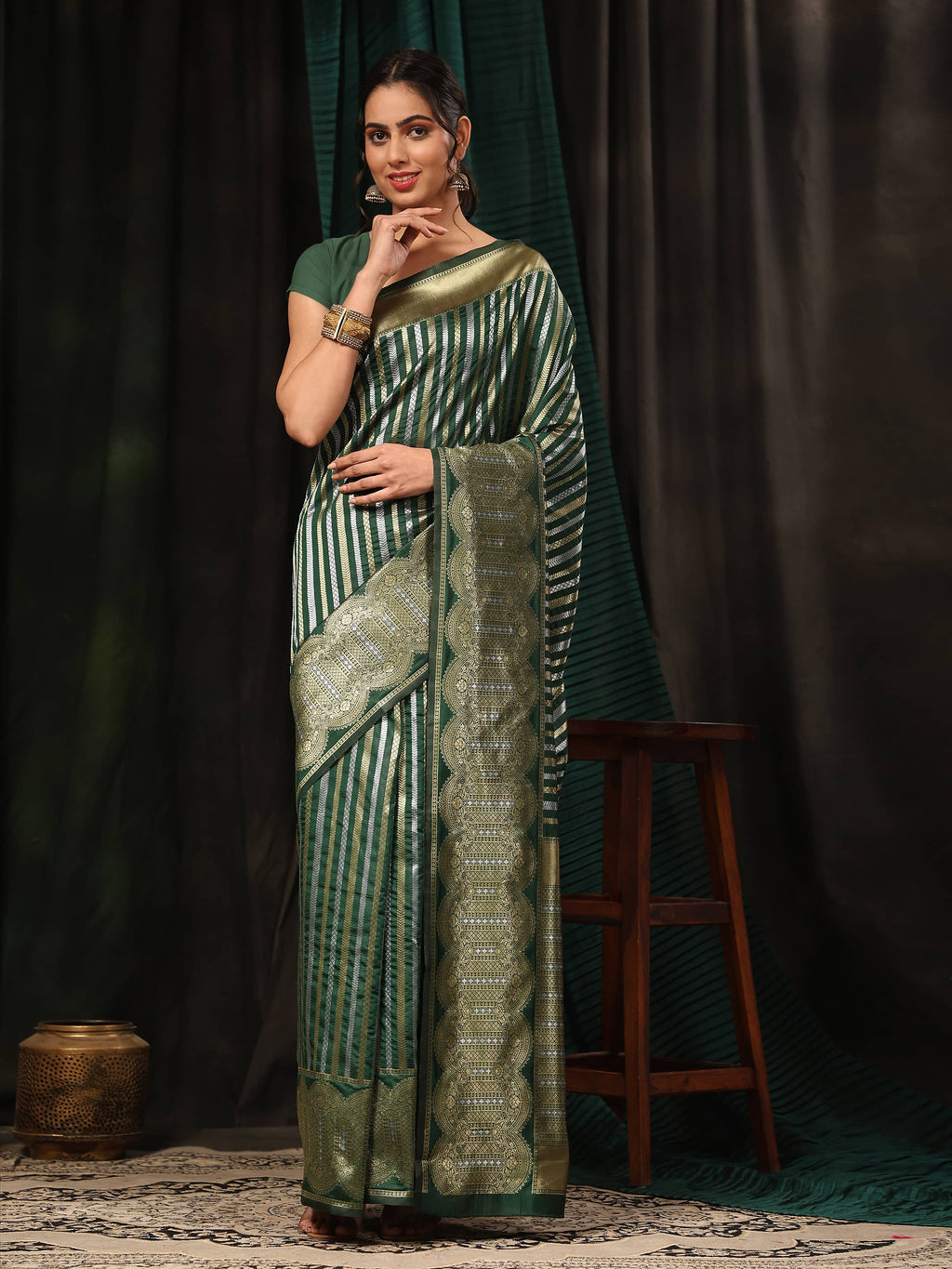 Hiral Fashion Green Banarasi Art Silk Striped Zari Woven Saree