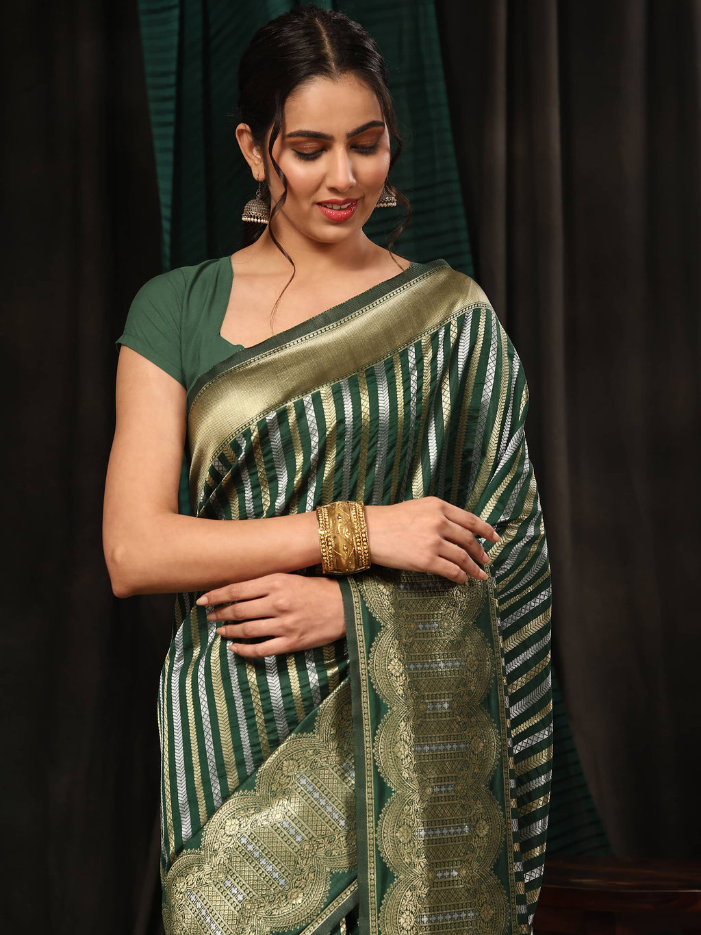 Hiral Fashion Green Banarasi Art Silk Striped Zari Woven Saree