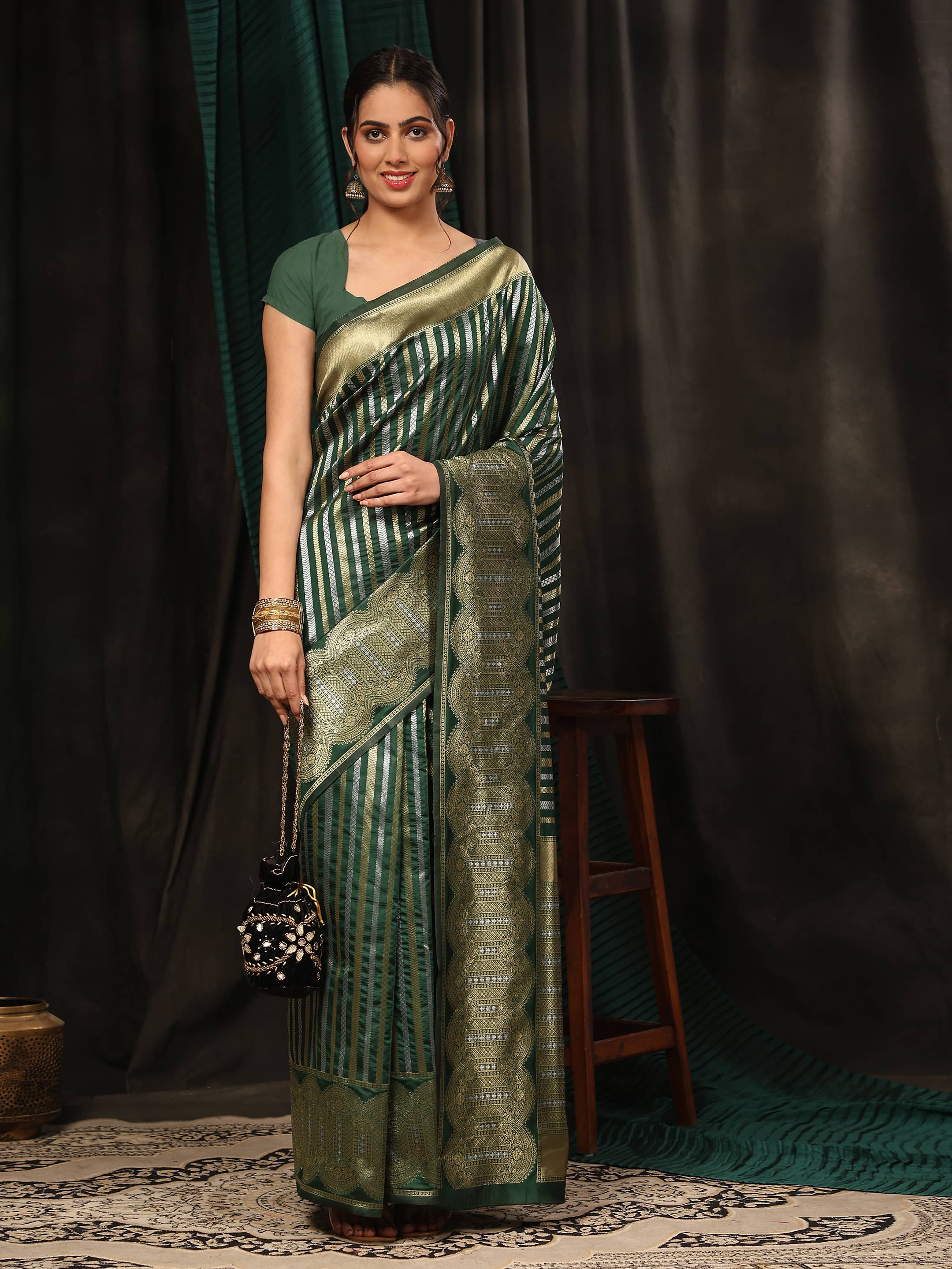 Hiral Fashion Green Banarasi Art Silk Striped Zari Woven Saree