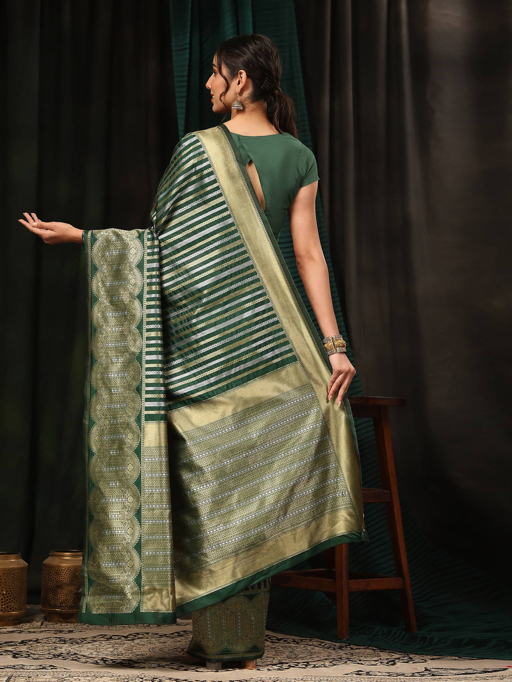Hiral Fashion Green Banarasi Art Silk Striped Zari Woven Saree