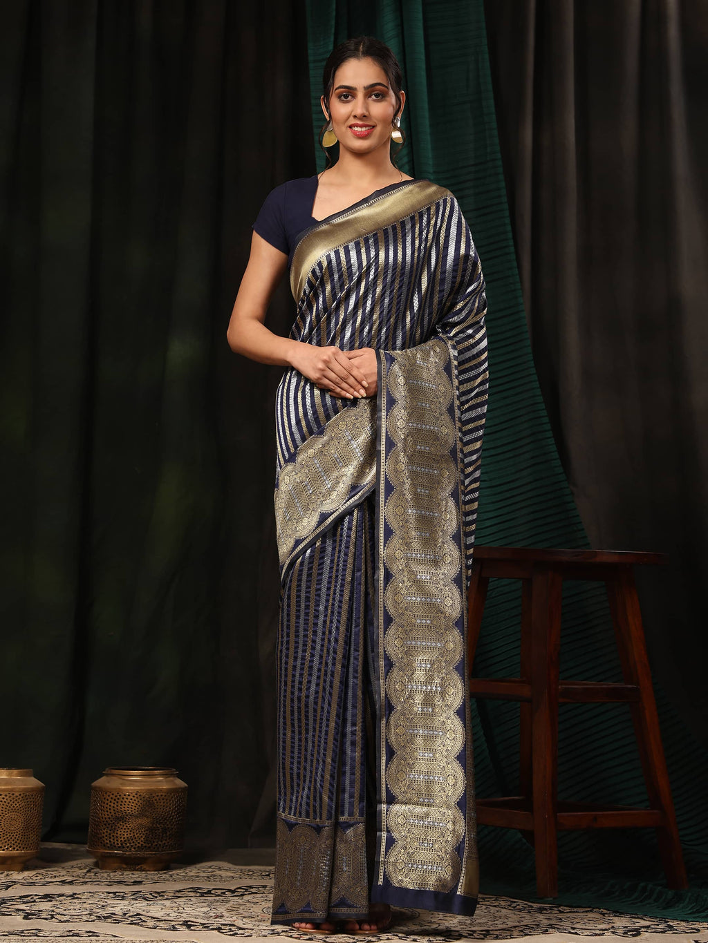 Hiral Fashion Navy Blue Banarasi Art Silk Striped Zari Woven Saree