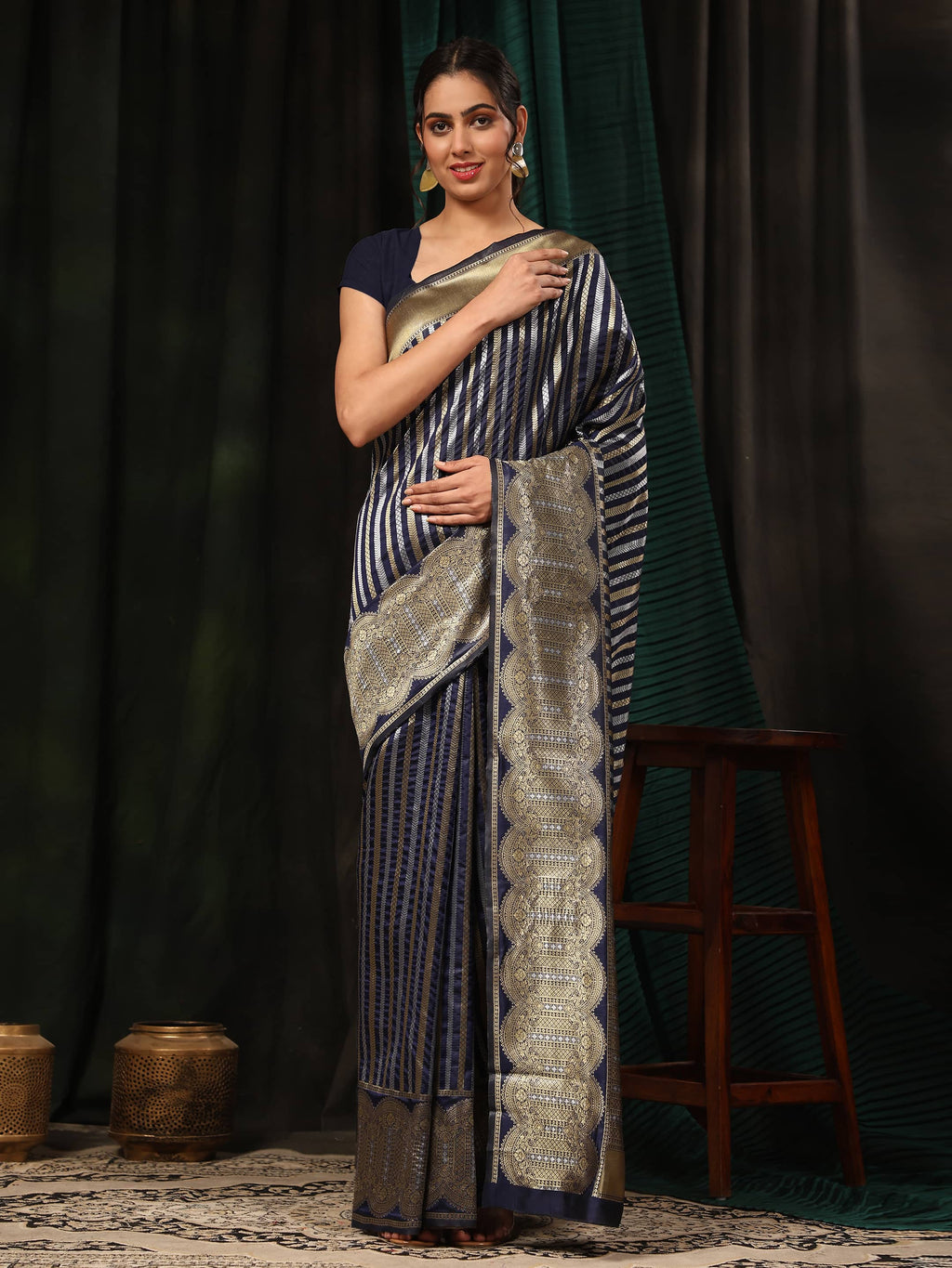 Hiral Fashion Navy Blue Banarasi Art Silk Striped Zari Woven Saree