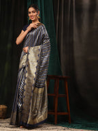 Hiral Fashion Navy Blue Banarasi Art Silk Striped Zari Woven Saree