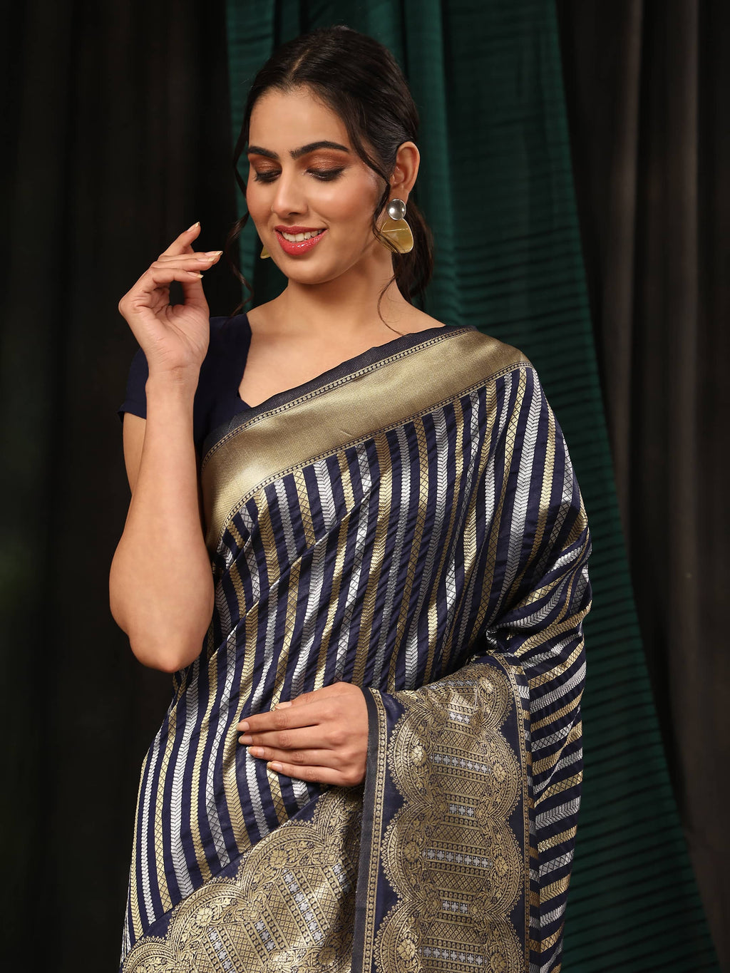 Hiral Fashion Navy Blue Banarasi Art Silk Striped Zari Woven Saree
