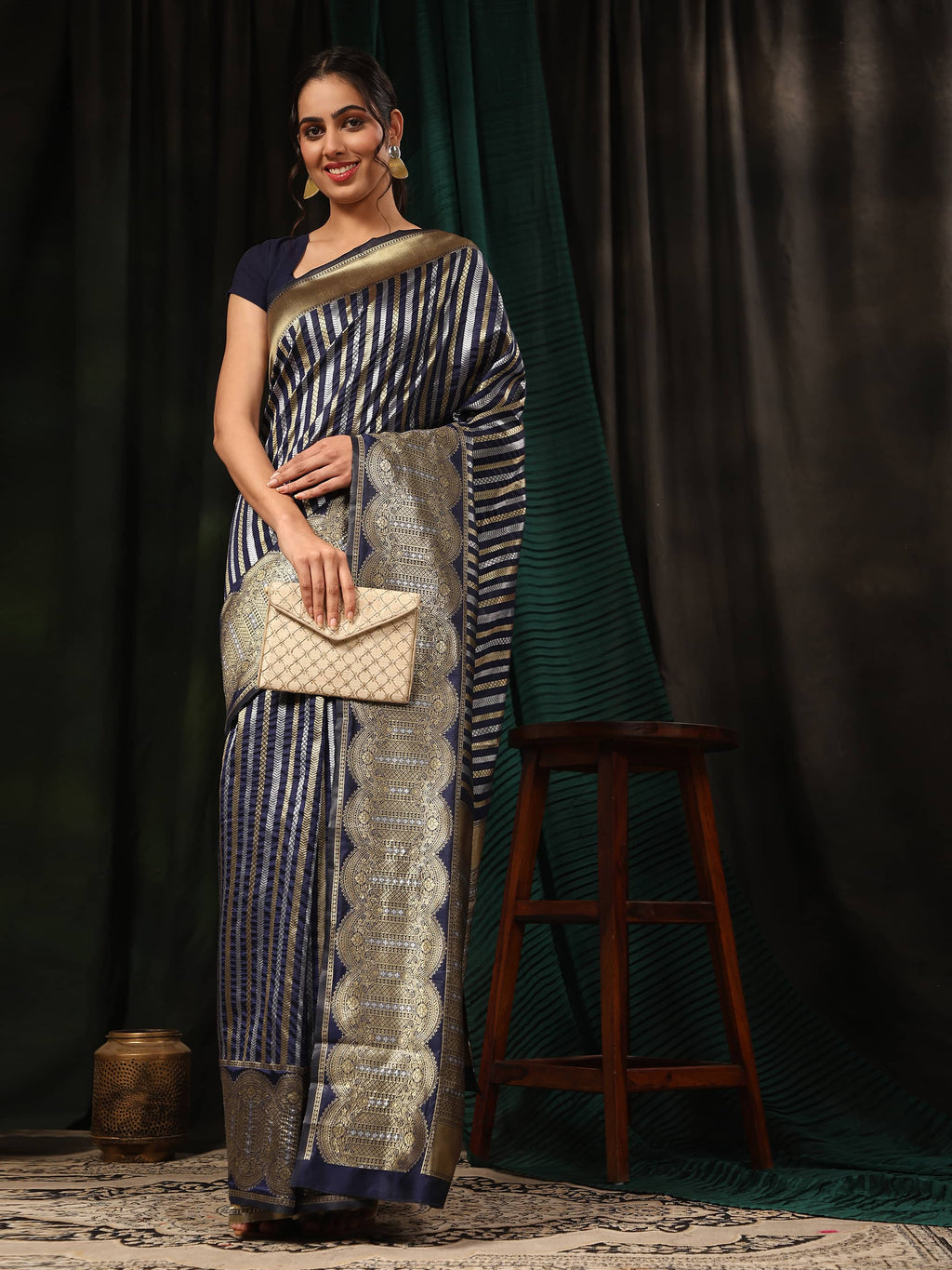 Hiral Fashion Navy Blue Banarasi Art Silk Striped Zari Woven Saree