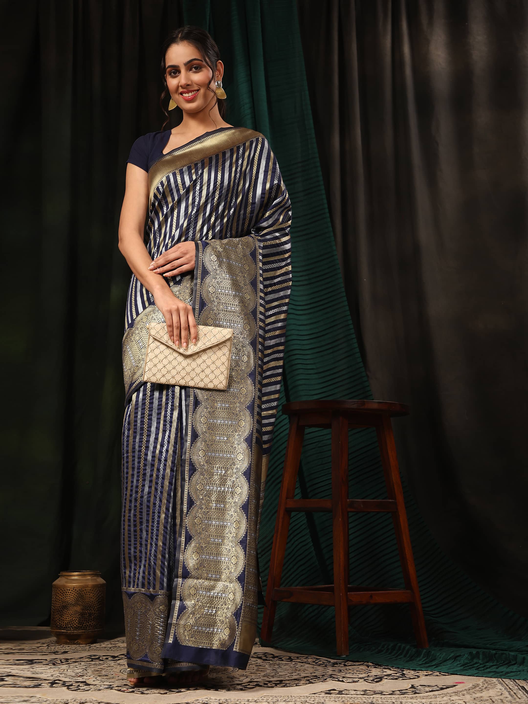 Hiral Fashion Navy Blue Banarasi Art Silk Striped Zari Woven Saree