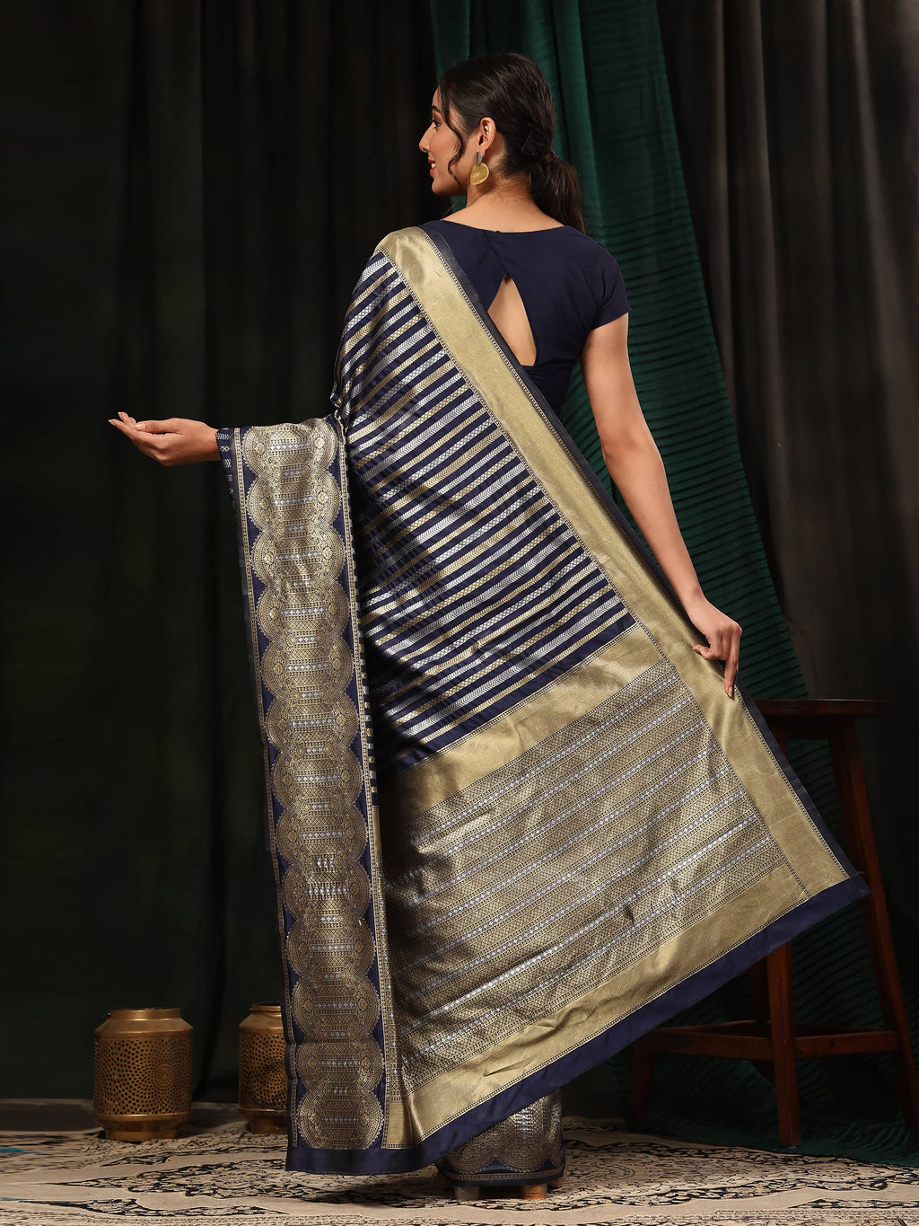 Hiral Fashion Navy Blue Banarasi Art Silk Striped Zari Woven Saree