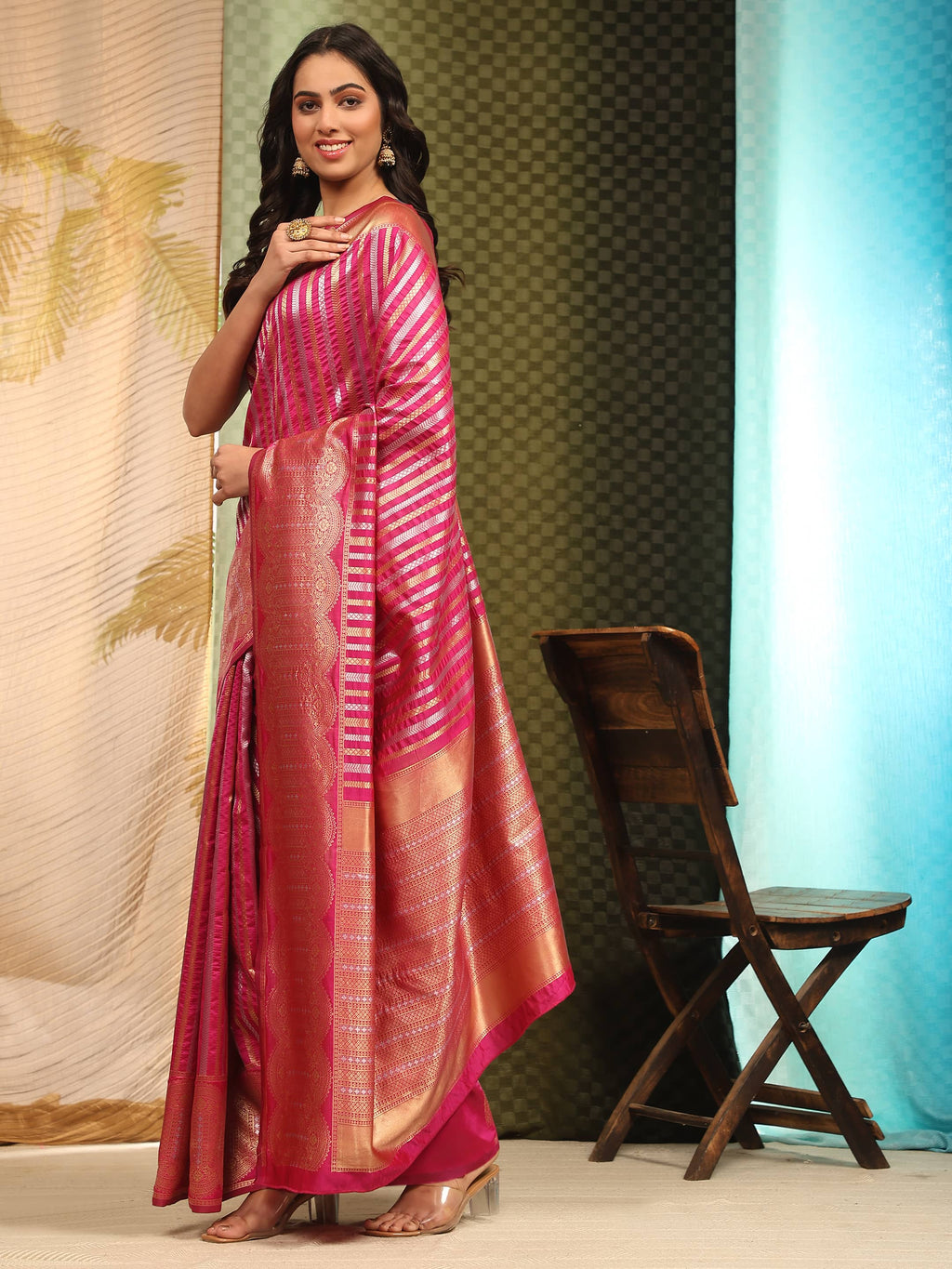 Hiral Fashion Pink Banarasi Art Silk Striped Zari Woven Saree