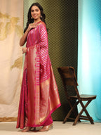 Hiral Fashion Pink Banarasi Art Silk Striped Zari Woven Saree