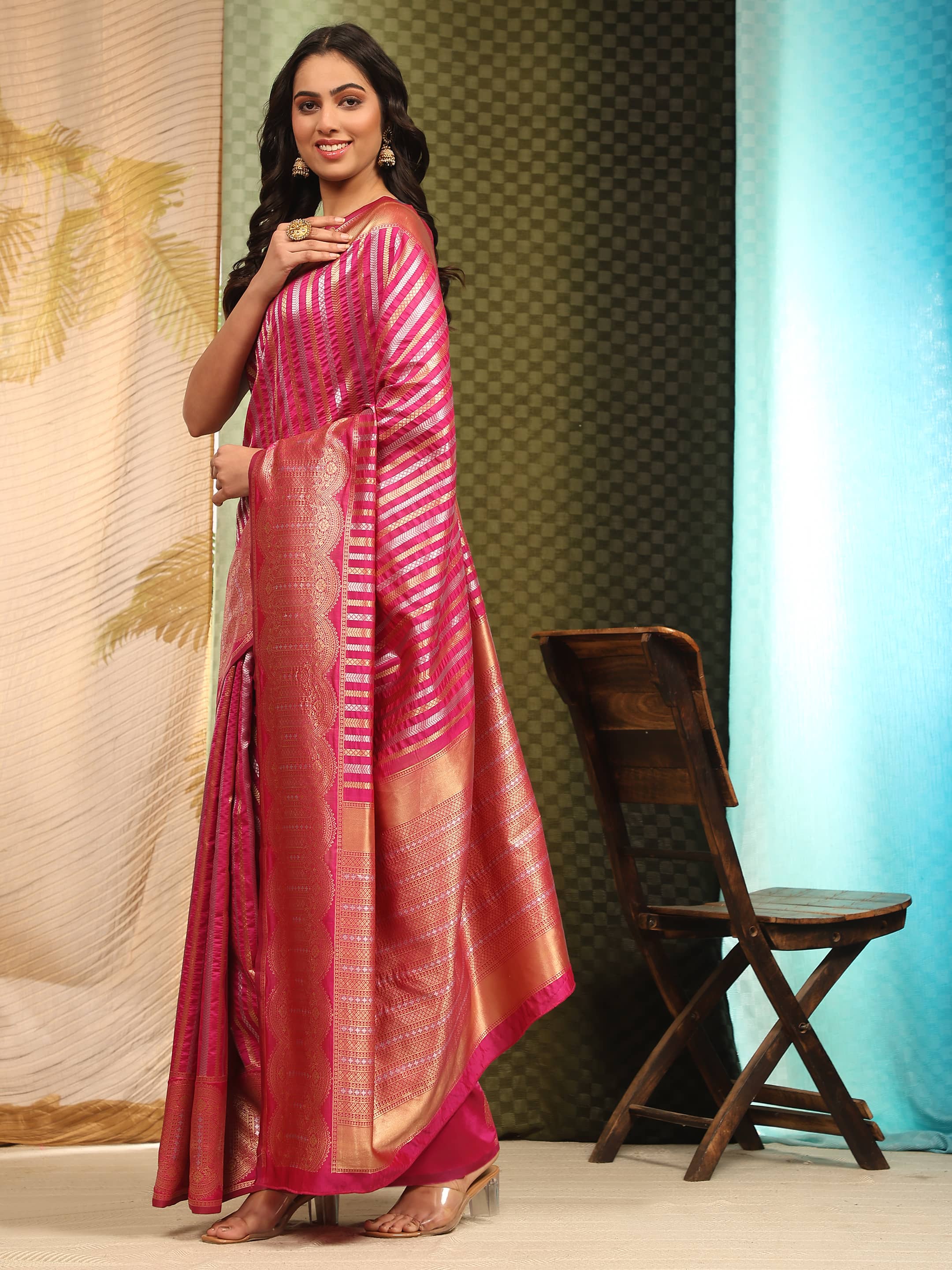 Hiral Fashion Pink Banarasi Art Silk Striped Zari Woven Saree