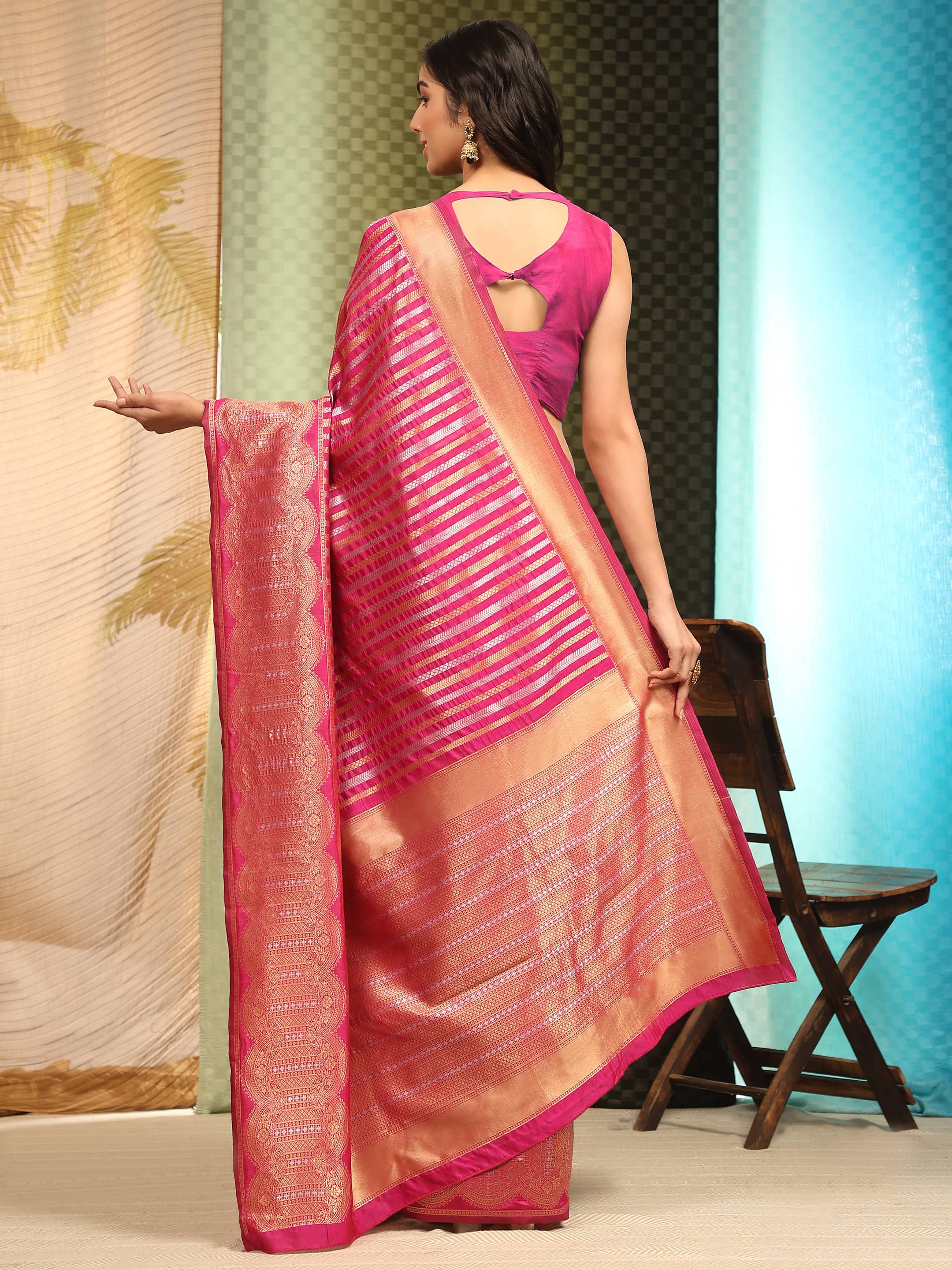 Hiral Fashion Pink Banarasi Art Silk Striped Zari Woven Saree