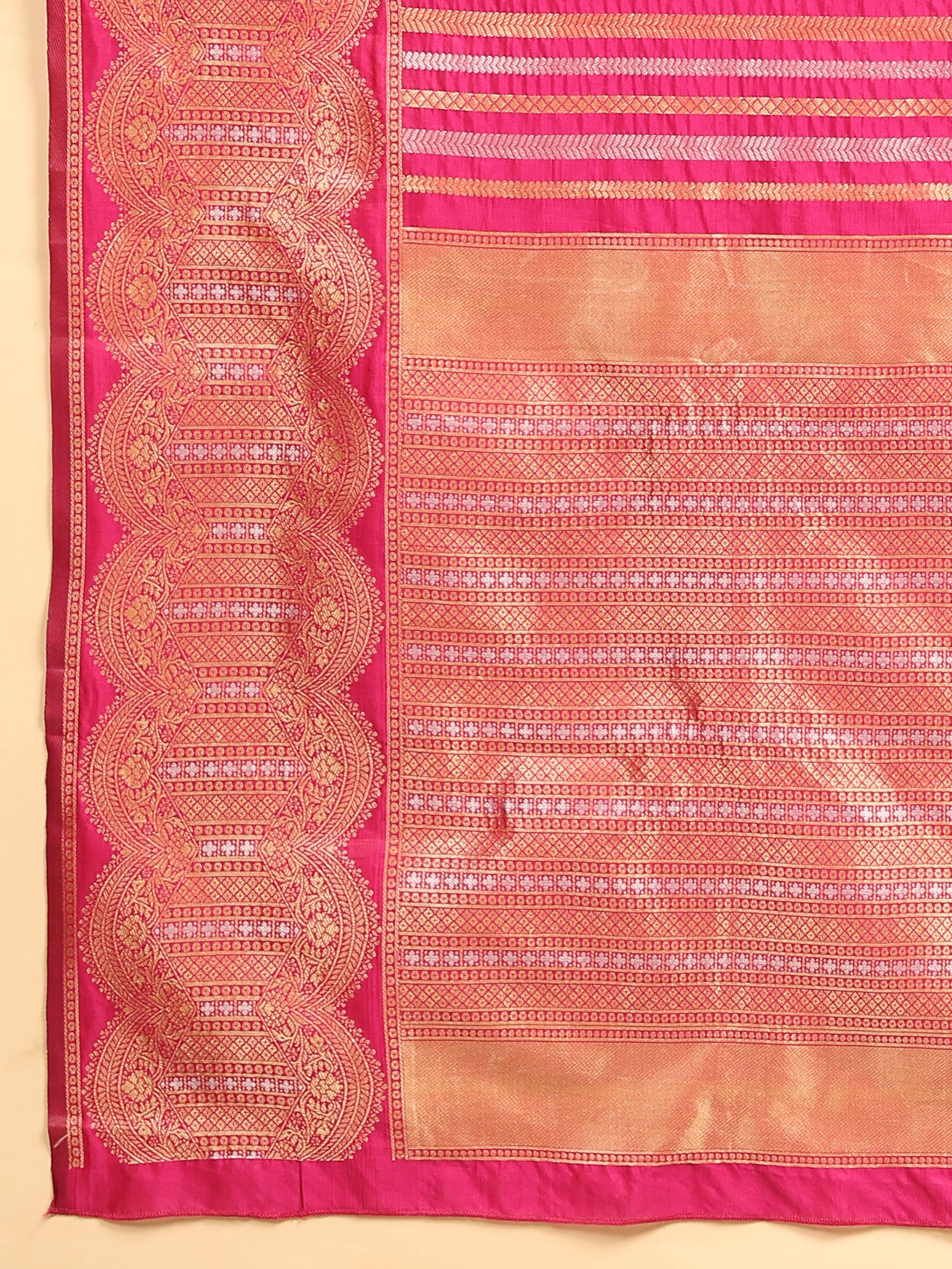 Hiral Fashion Pink Banarasi Art Silk Striped Zari Woven Saree