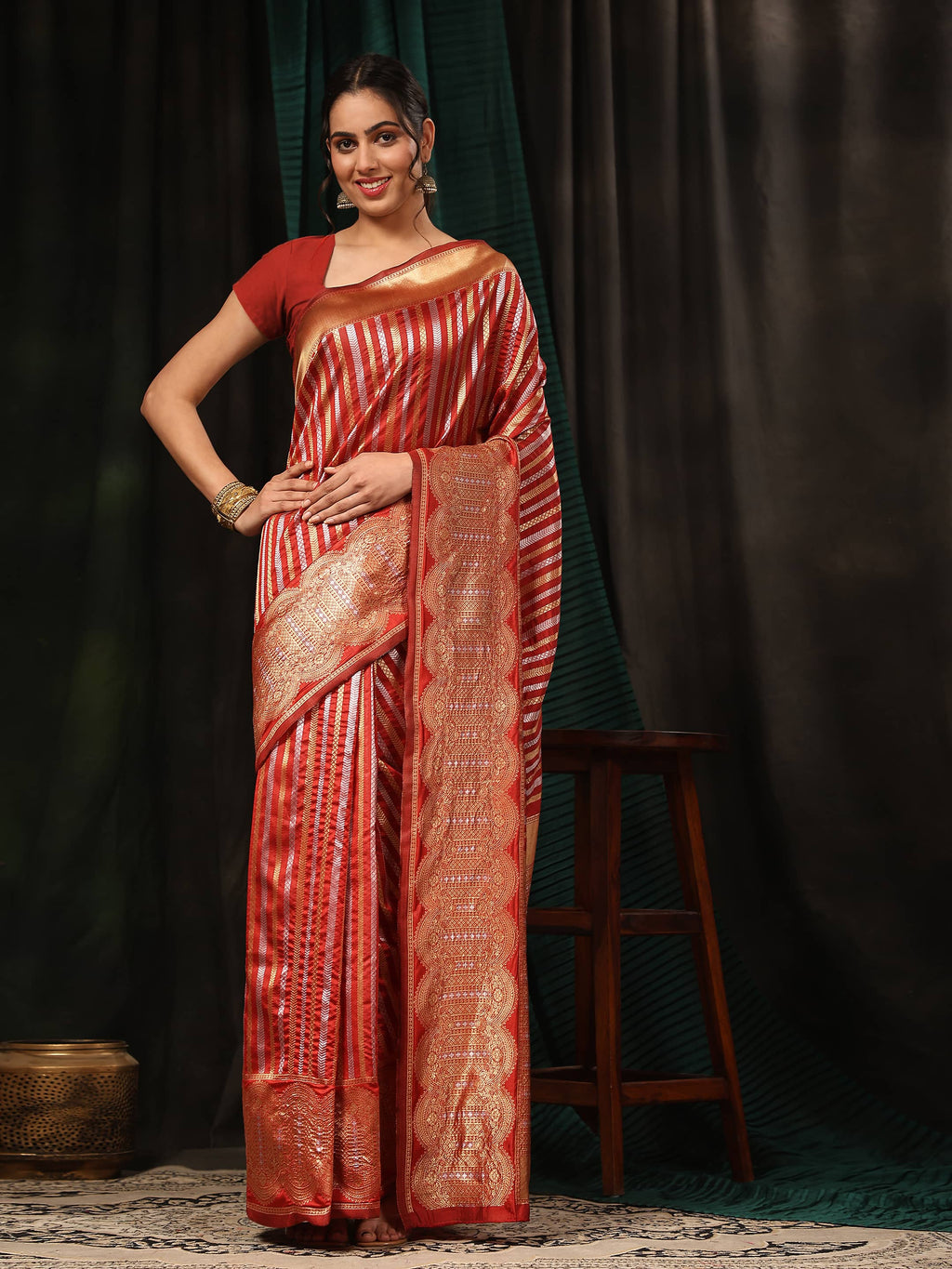 Hiral Fashion Red Banarasi Art Silk Striped Zari Woven Saree