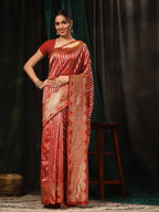 Hiral Fashion Red Banarasi Art Silk Striped Zari Woven Saree