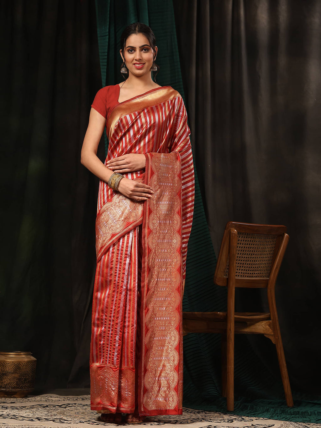 Hiral Fashion Red Banarasi Art Silk Striped Zari Woven Saree
