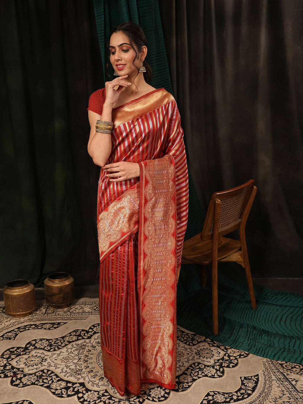 Hiral Fashion Red Banarasi Art Silk Striped Zari Woven Saree