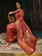 Hiral Fashion Red Banarasi Art Silk Striped Zari Woven Saree