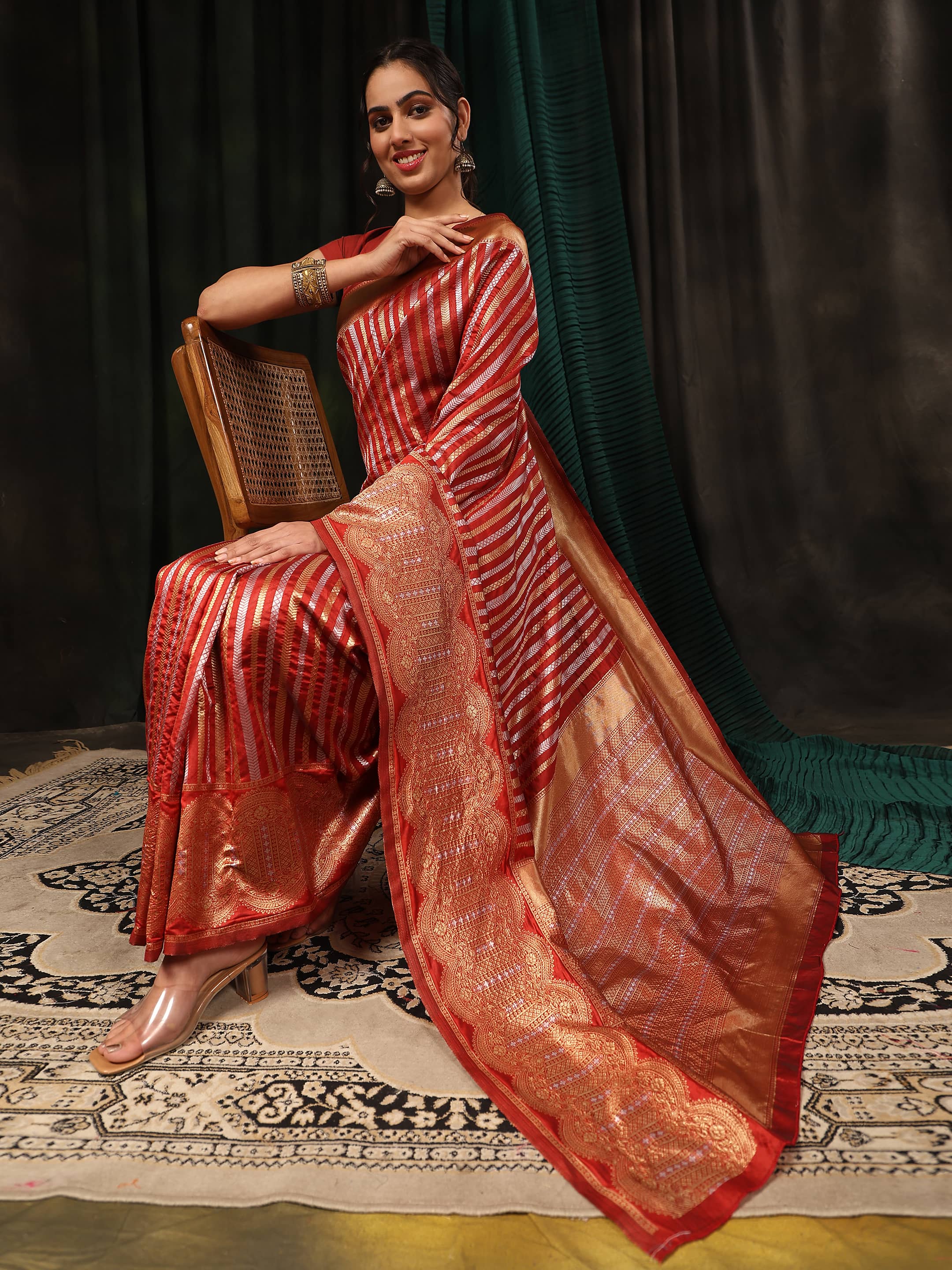 Hiral Fashion Red Banarasi Art Silk Striped Zari Woven Saree