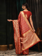 Hiral Fashion Red Banarasi Art Silk Striped Zari Woven Saree
