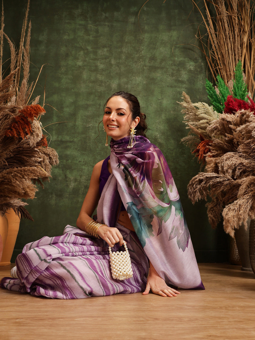 Hiral Fashion Lavender Cotton Silk Stripes Digital Printed Saree