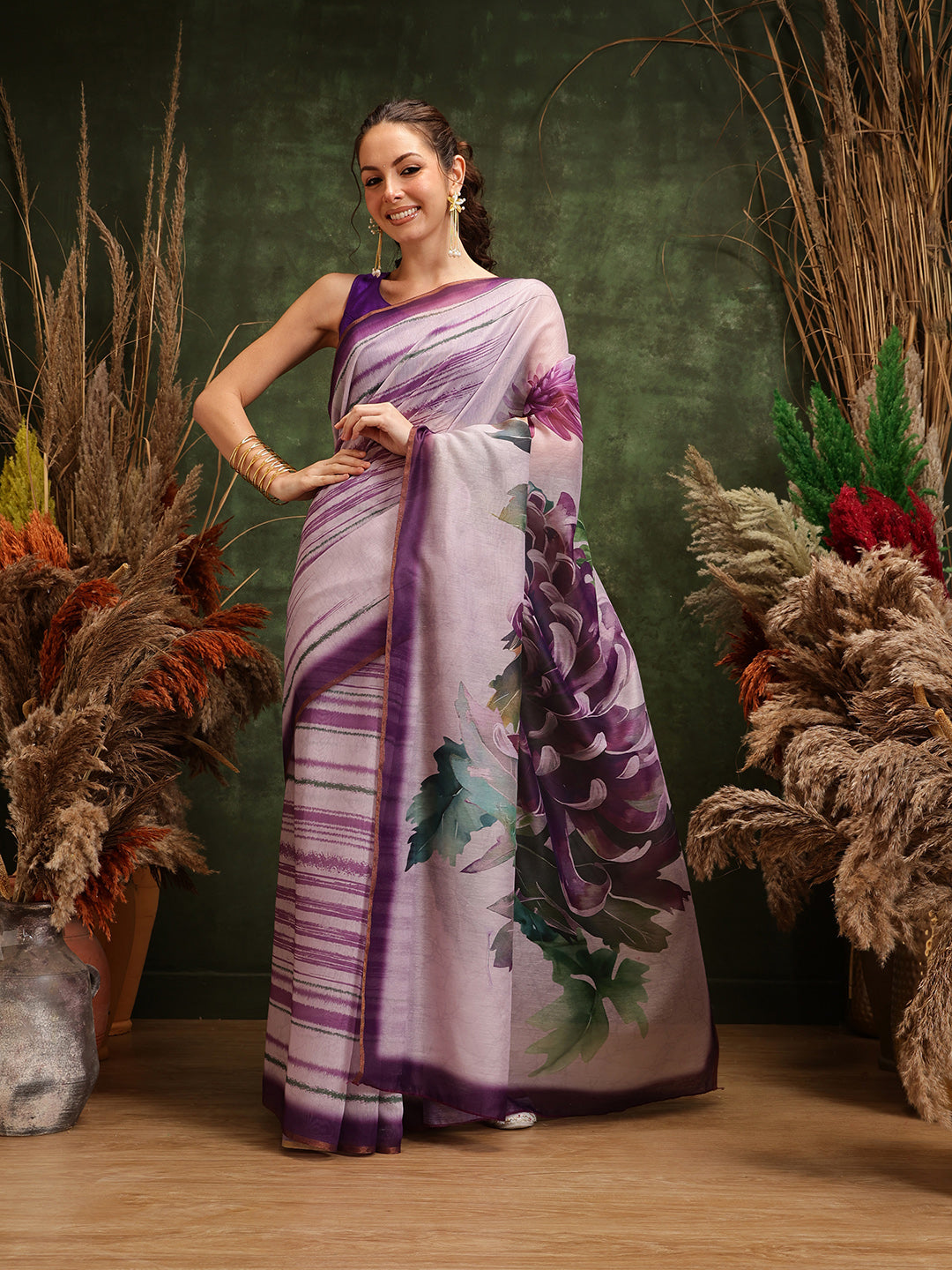 Hiral Fashion Lavender Cotton Silk Stripes Digital Printed Saree