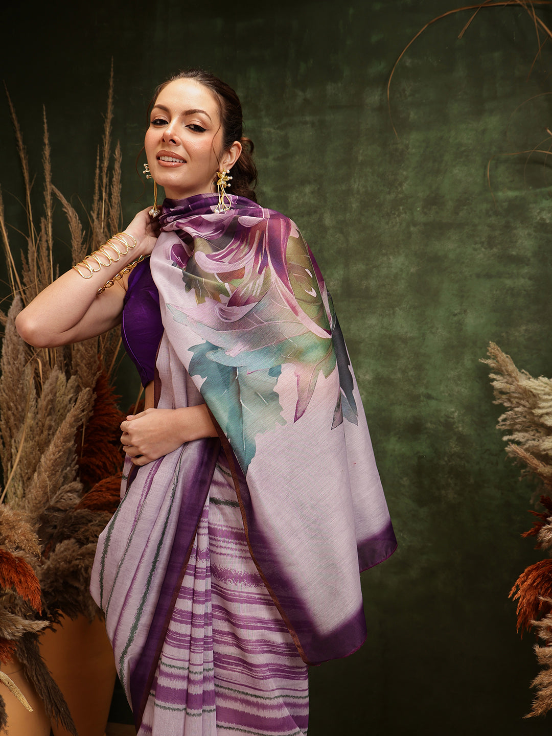 Hiral Fashion Lavender Cotton Silk Stripes Digital Printed Saree