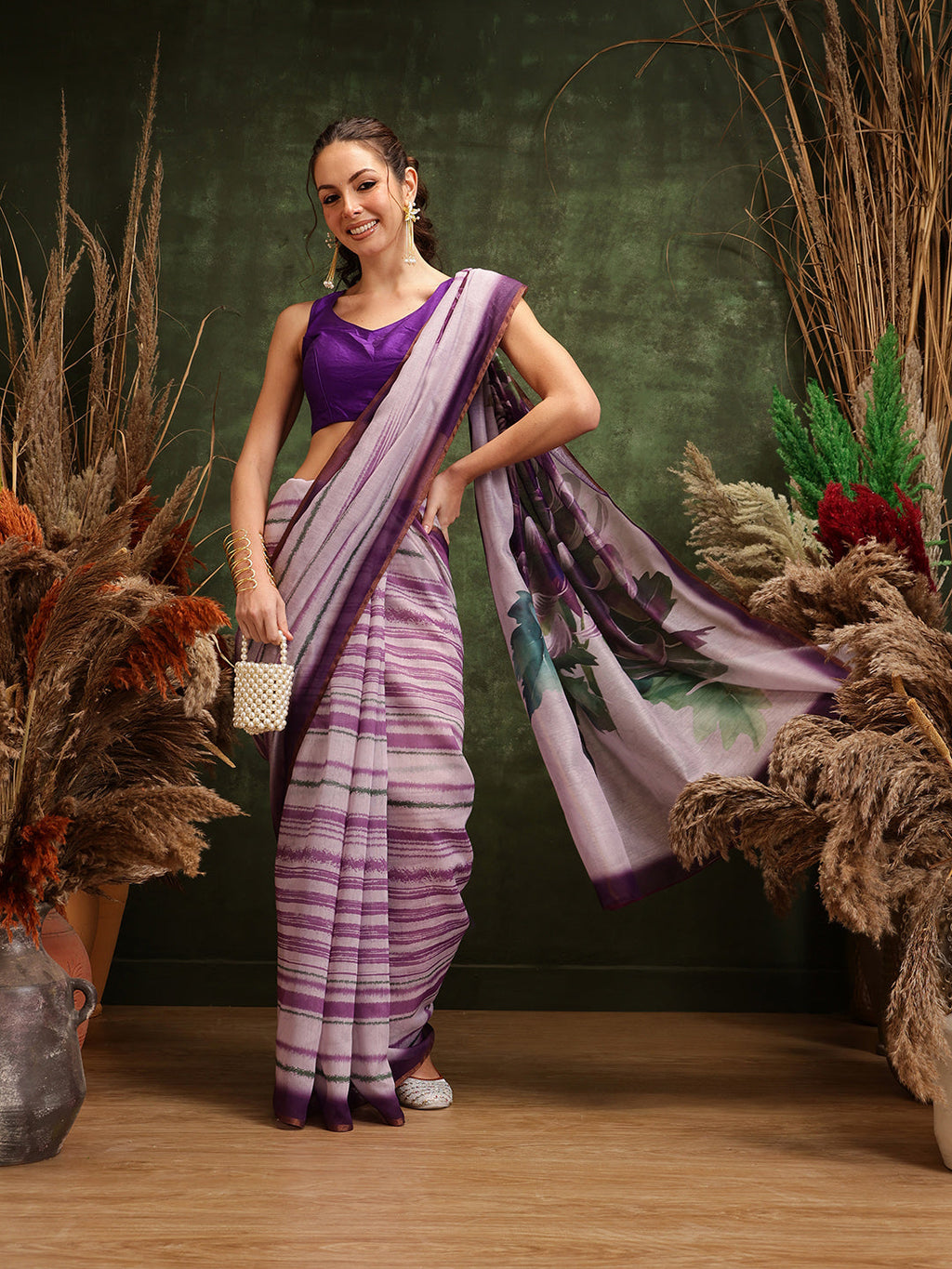 Hiral Fashion Lavender Cotton Silk Stripes Digital Printed Saree