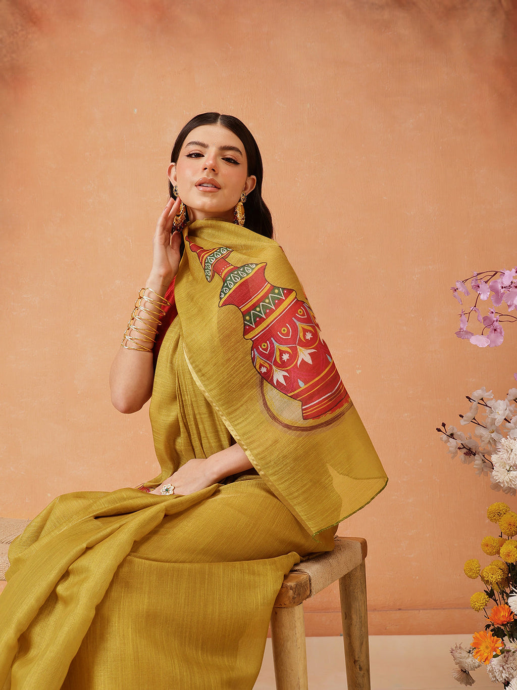 Hiral Fashion Mustard Cotton Silk Kalamkari Digital Printed Saree
