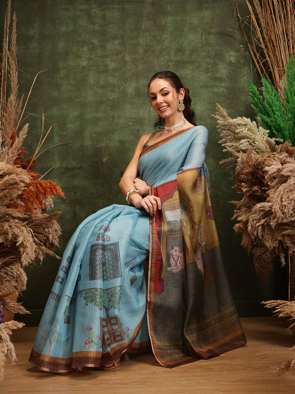 Hiral Fashion Teal Cotton Silk Kalamkari Digital Printed Saree