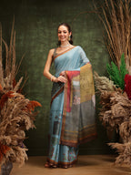 Hiral Fashion Teal Cotton Silk Kalamkari Digital Printed Saree