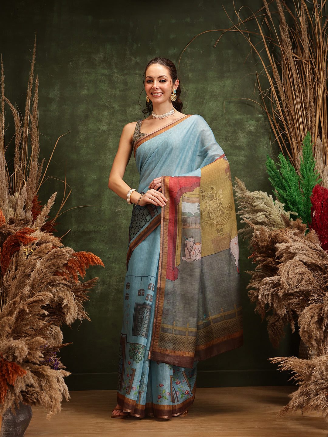 Hiral Fashion Teal Cotton Silk Kalamkari Digital Printed Saree