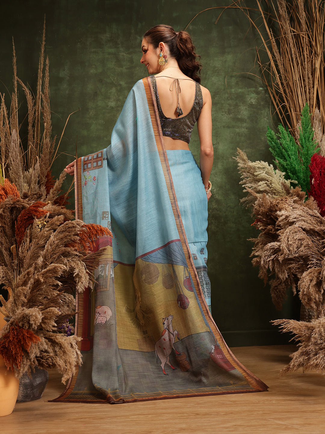 Hiral Fashion Teal Cotton Silk Kalamkari Digital Printed Saree