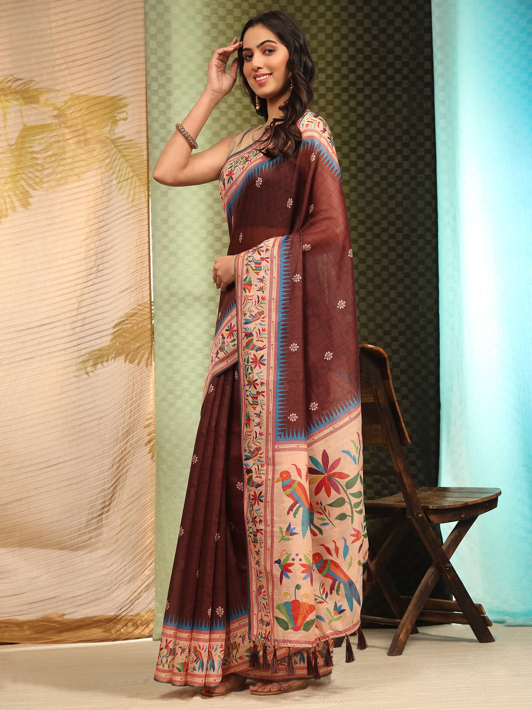 Hiral Fashion Brown Paithani Cotton Blend Floral Digital Printed Saree
