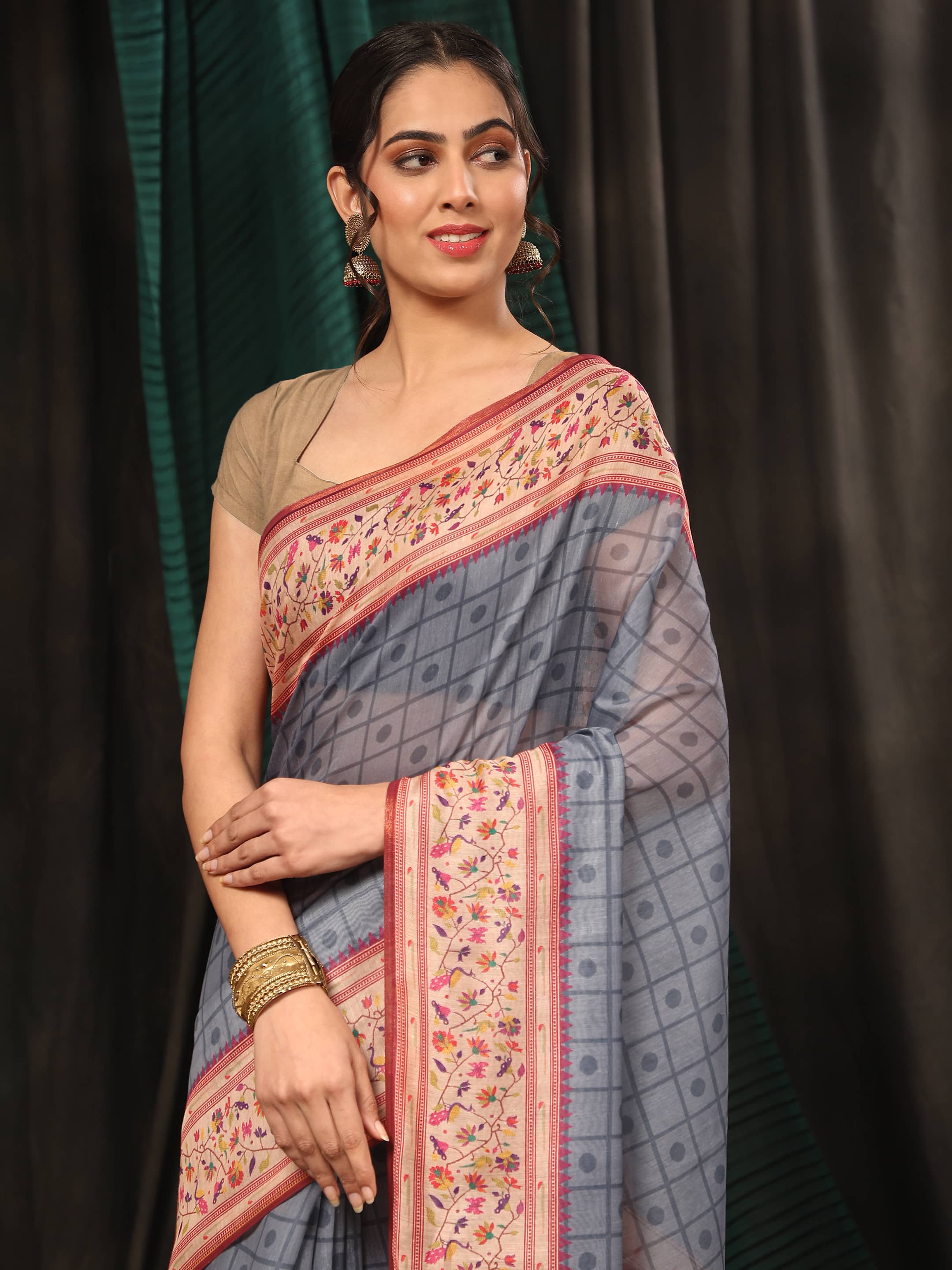 Hiral Fashion Grey Paithani Cotton Blend Geomatric Digital Printed Saree